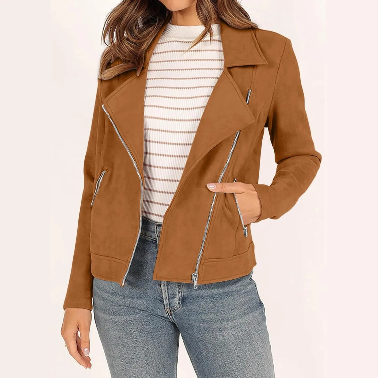 2023 Womens Trendy Coats Fall Biker Moto Jacket Fashion Long Sleeve Zipper Short Casual Coat Streetwear Cropped Outwear