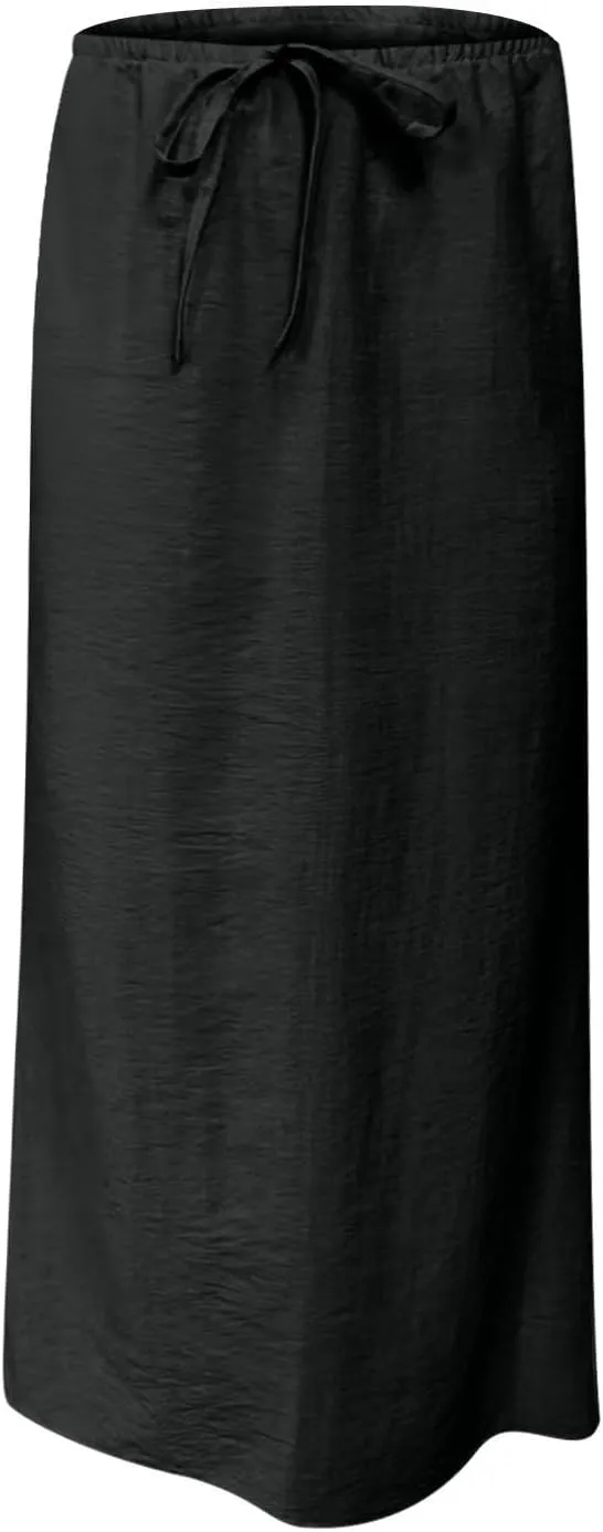 2025 Trendy Linen Maxi Skirts for Women Summer Drawstring Waist A Line Skirt Solid Loose Fit Flowy Long Beach Skirts