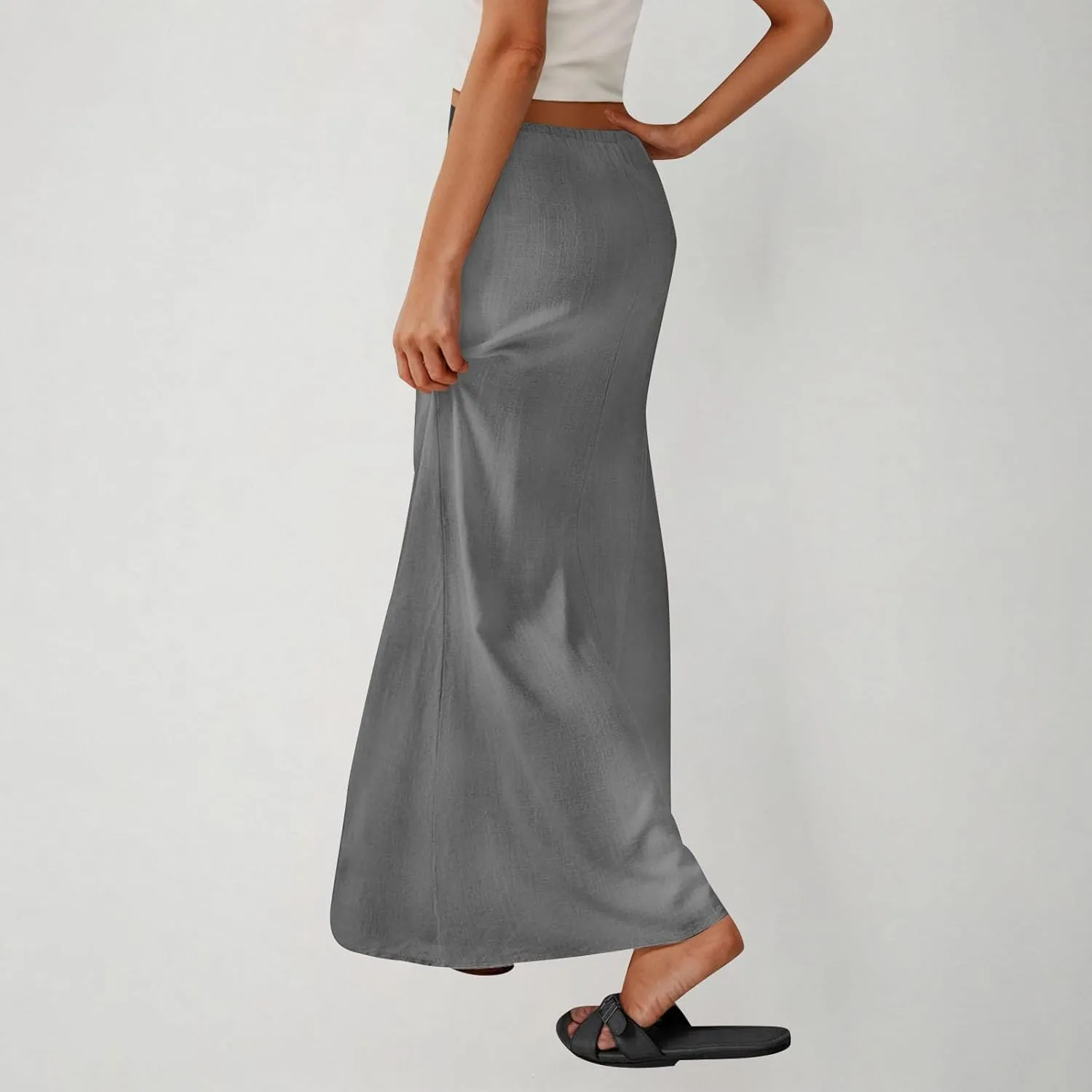 2025 Trendy Linen Maxi Skirts for Women Summer Drawstring Waist A Line Skirt Solid Loose Fit Flowy Long Beach Skirts