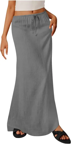 2025 Trendy Linen Maxi Skirts for Women Summer Drawstring Waist A Line Skirt Solid Loose Fit Flowy Long Beach Skirts
