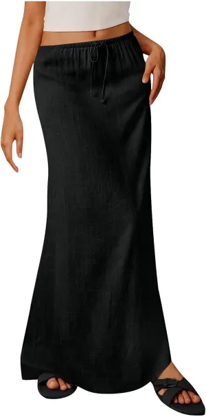 2025 Trendy Linen Maxi Skirts for Women Summer Drawstring Waist A Line Skirt Solid Loose Fit Flowy Long Beach Skirts