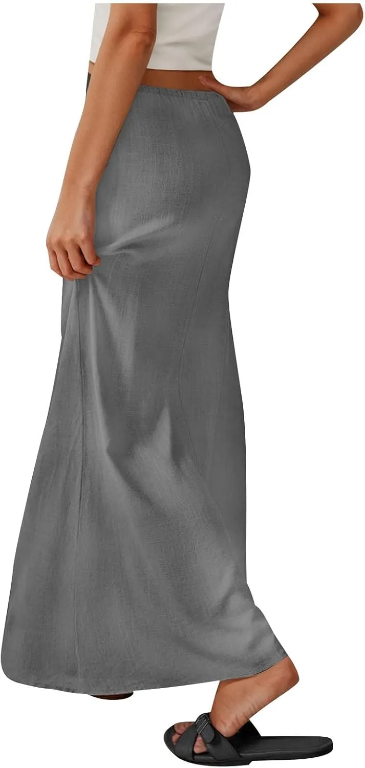 2025 Trendy Linen Maxi Skirts for Women Summer Drawstring Waist A Line Skirt Solid Loose Fit Flowy Long Beach Skirts