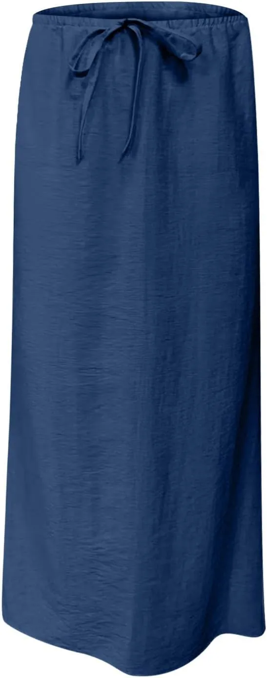 2025 Trendy Linen Maxi Skirts for Women Summer Drawstring Waist A Line Skirt Solid Loose Fit Flowy Long Beach Skirts