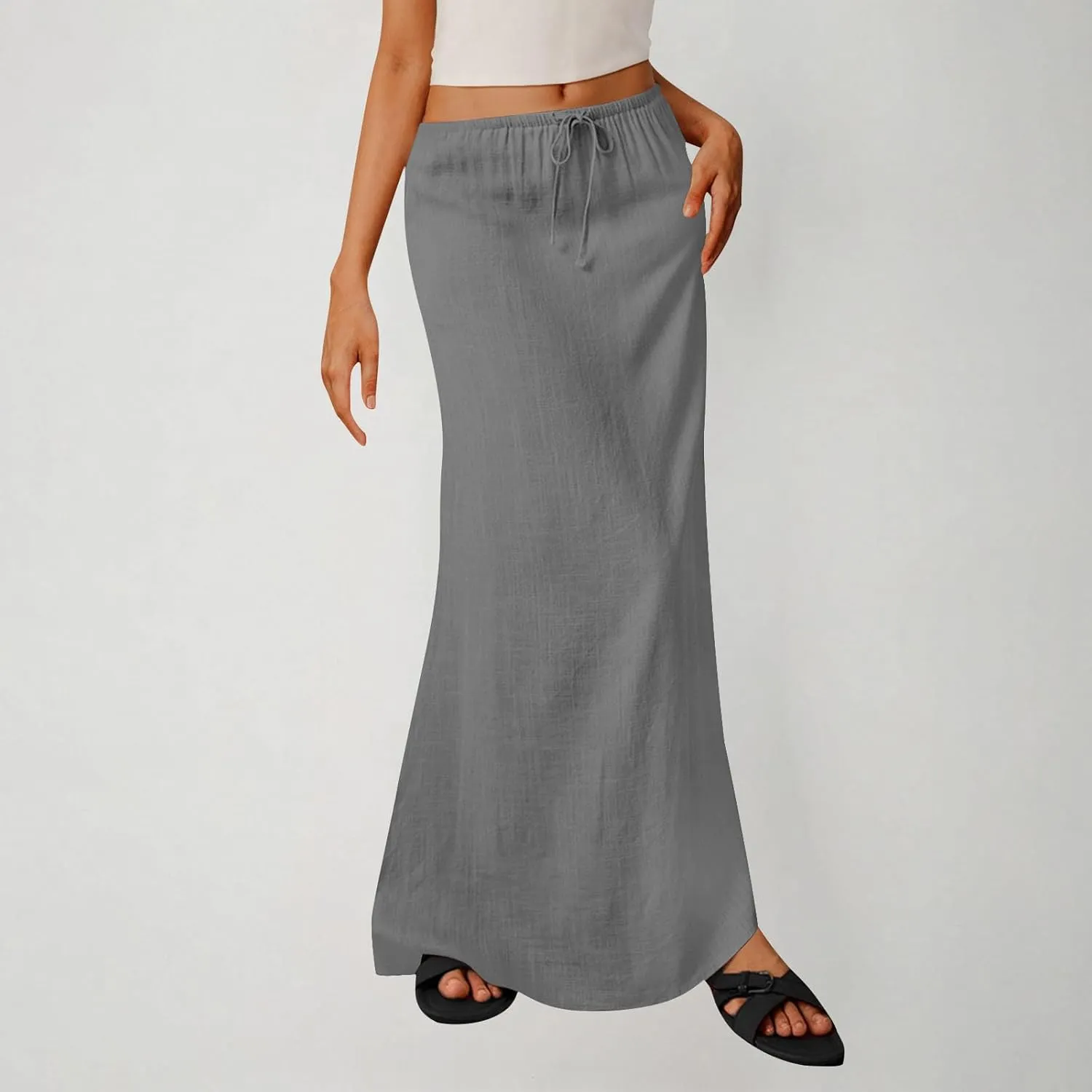 2025 Trendy Linen Maxi Skirts for Women Summer Drawstring Waist A Line Skirt Solid Loose Fit Flowy Long Beach Skirts