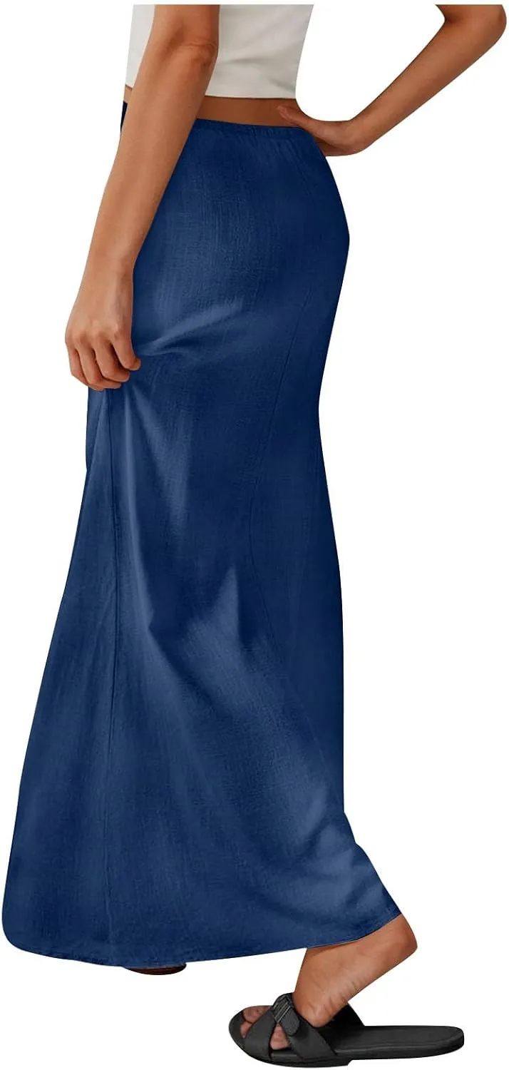 2025 Trendy Linen Maxi Skirts for Women Summer Drawstring Waist A Line Skirt Solid Loose Fit Flowy Long Beach Skirts