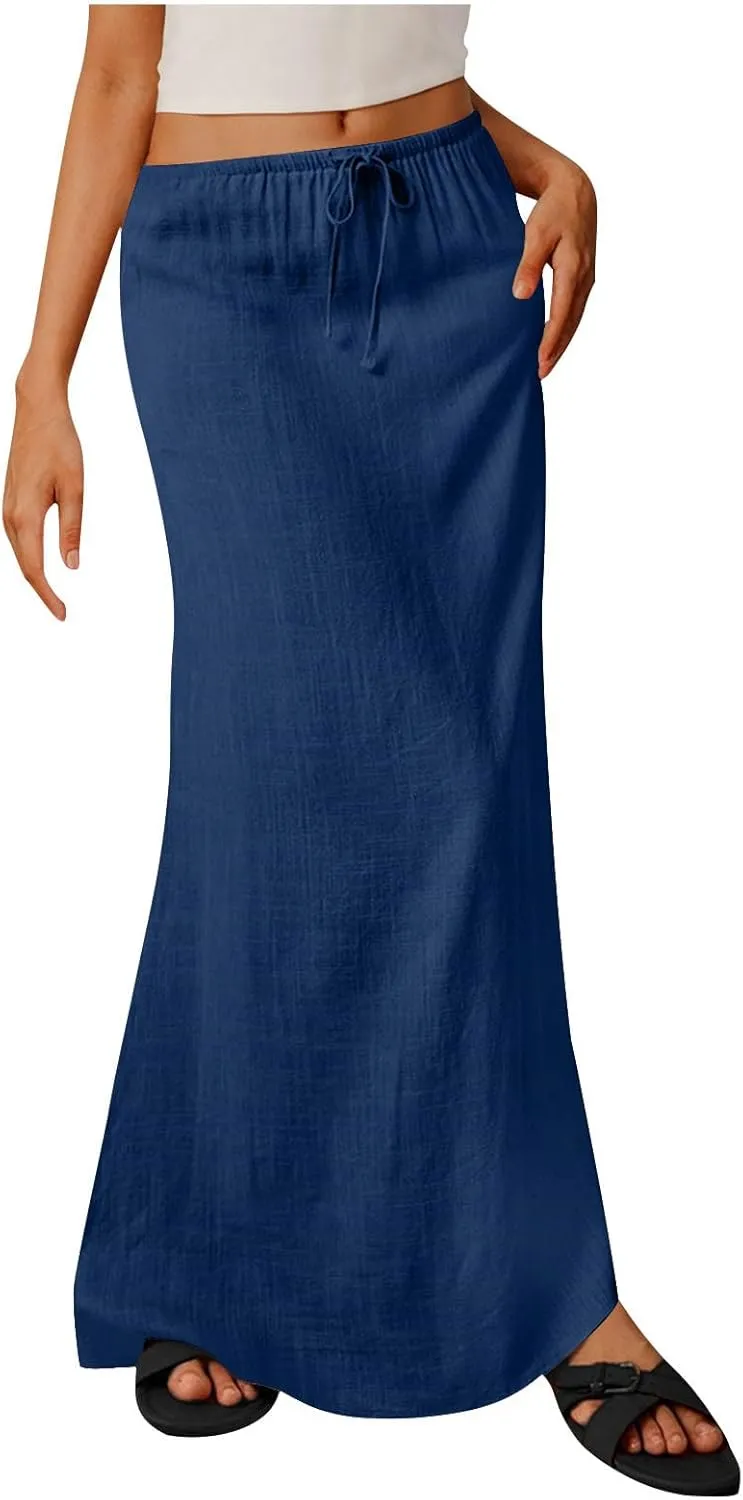 2025 Trendy Linen Maxi Skirts for Women Summer Drawstring Waist A Line Skirt Solid Loose Fit Flowy Long Beach Skirts