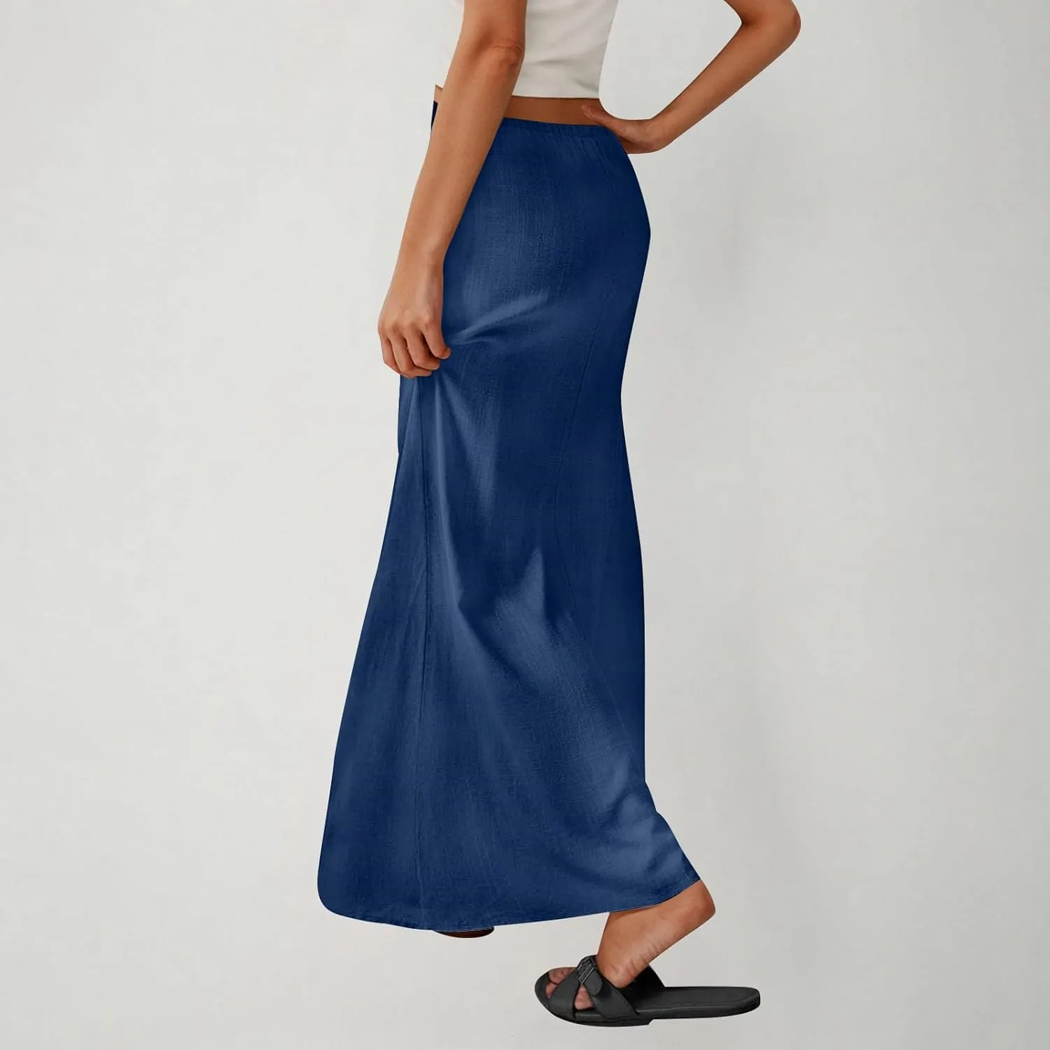 2025 Trendy Linen Maxi Skirts for Women Summer Drawstring Waist A Line Skirt Solid Loose Fit Flowy Long Beach Skirts