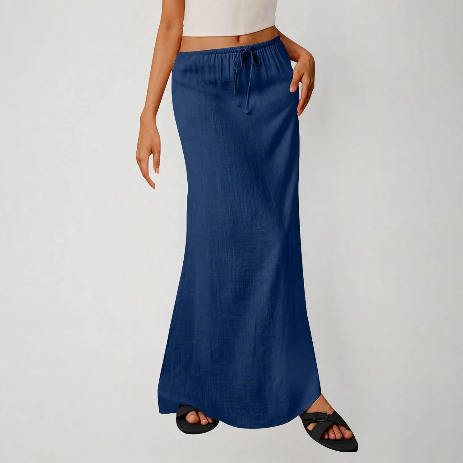 2025 Trendy Linen Maxi Skirts for Women Summer Drawstring Waist A Line Skirt Solid Loose Fit Flowy Long Beach Skirts