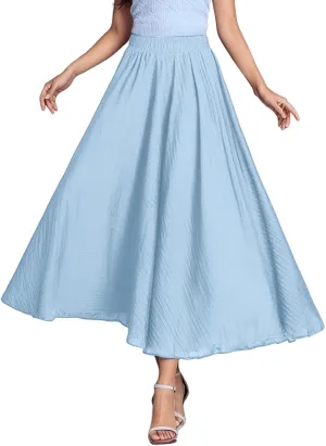 A Line Skirt for Women Trendy Flared High Elastic Waist Solid Loose Pleated Summer Long Skirts for Vacation Streetwear