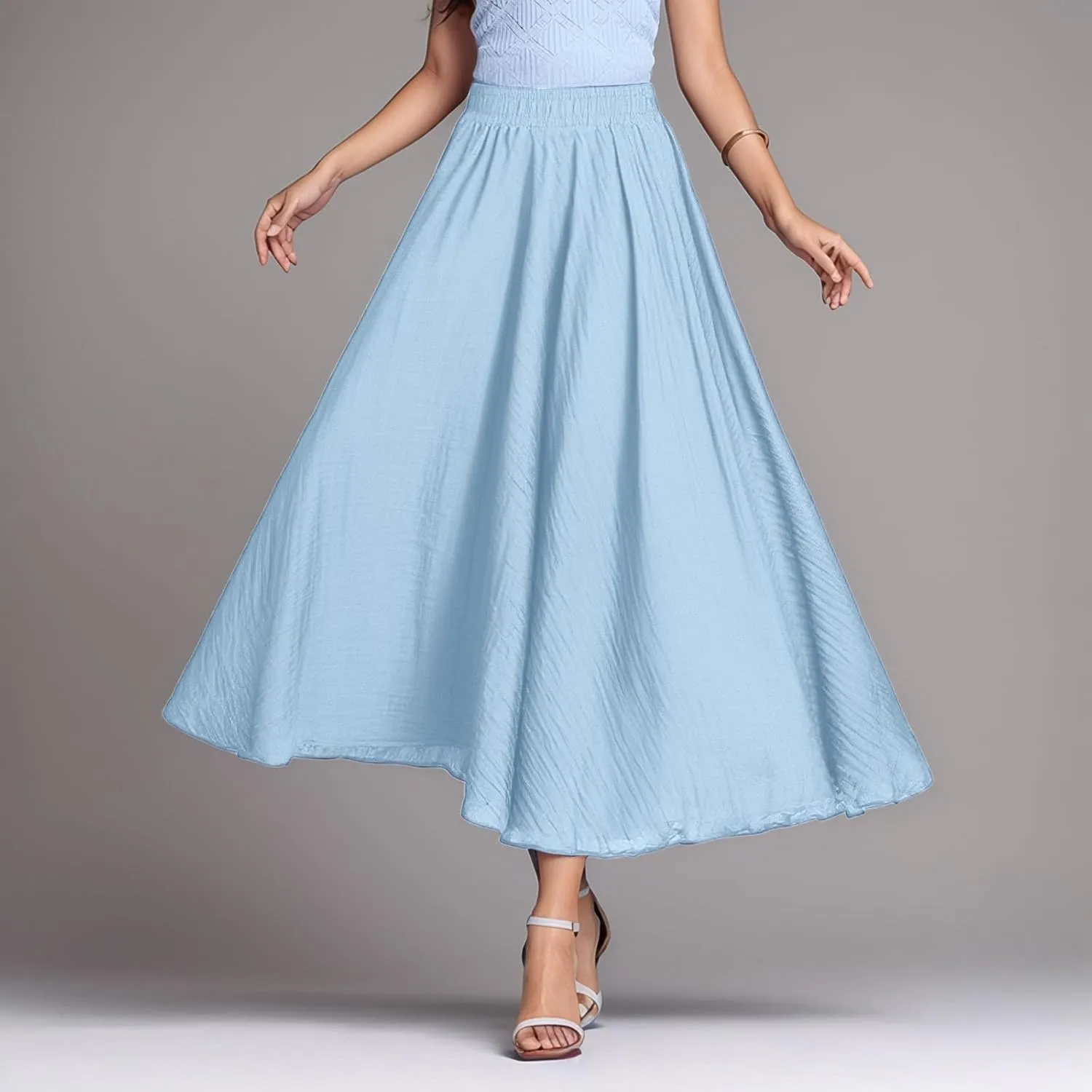 A Line Skirt for Women Trendy Flared High Elastic Waist Solid Loose Pleated Summer Long Skirts for Vacation Streetwear