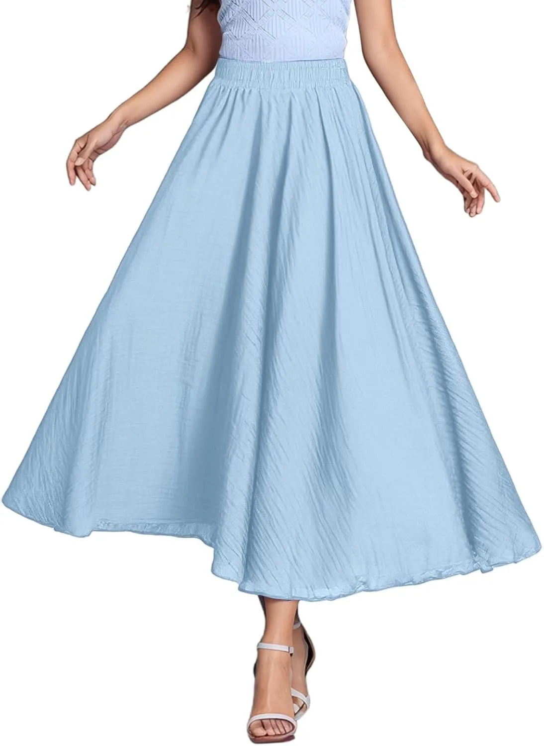 A Line Skirt for Women Trendy Flared High Elastic Waist Solid Loose Pleated Summer Long Skirts for Vacation Streetwear