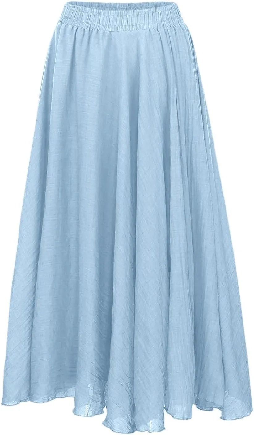 A Line Skirt for Women Trendy Flared High Elastic Waist Solid Loose Pleated Summer Long Skirts for Vacation Streetwear