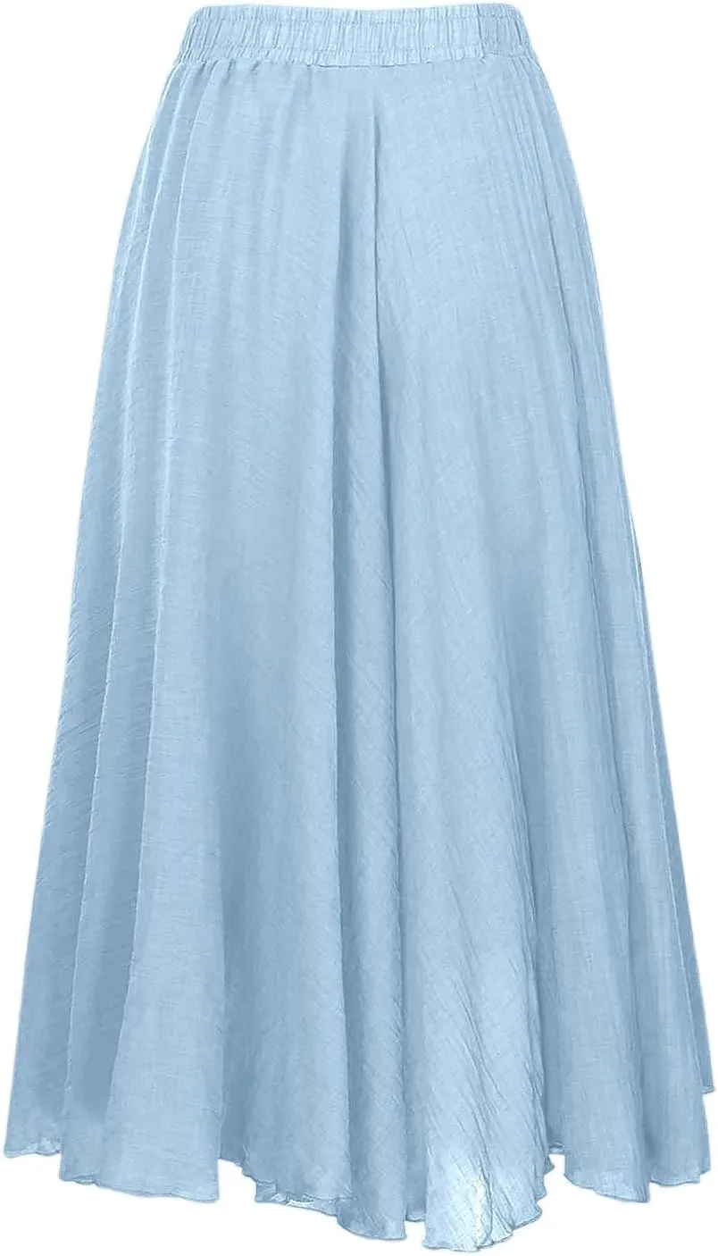 A Line Skirt for Women Trendy Flared High Elastic Waist Solid Loose Pleated Summer Long Skirts for Vacation Streetwear