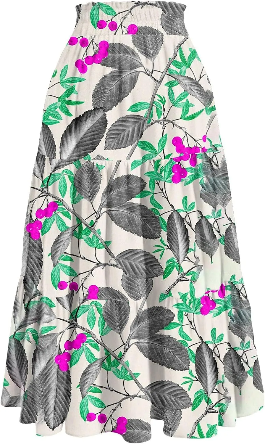 ADHOWBEW Boho Skirts for Women Flowy Trendy Beach Midi Length Plus Size Ruffle A Line Casual Cute High Waisted Spring Skirts