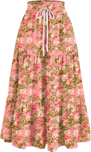ADHOWBEW Boho Skirts for Women Flowy Trendy Beach Midi Length Plus Size Ruffle A Line Casual Cute High Waisted Spring Skirts