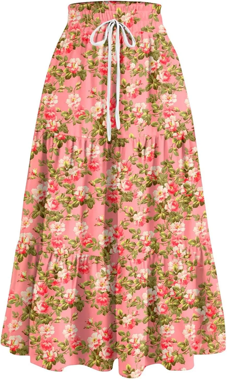 ADHOWBEW Boho Skirts for Women Flowy Trendy Beach Midi Length Plus Size Ruffle A Line Casual Cute High Waisted Spring Skirts