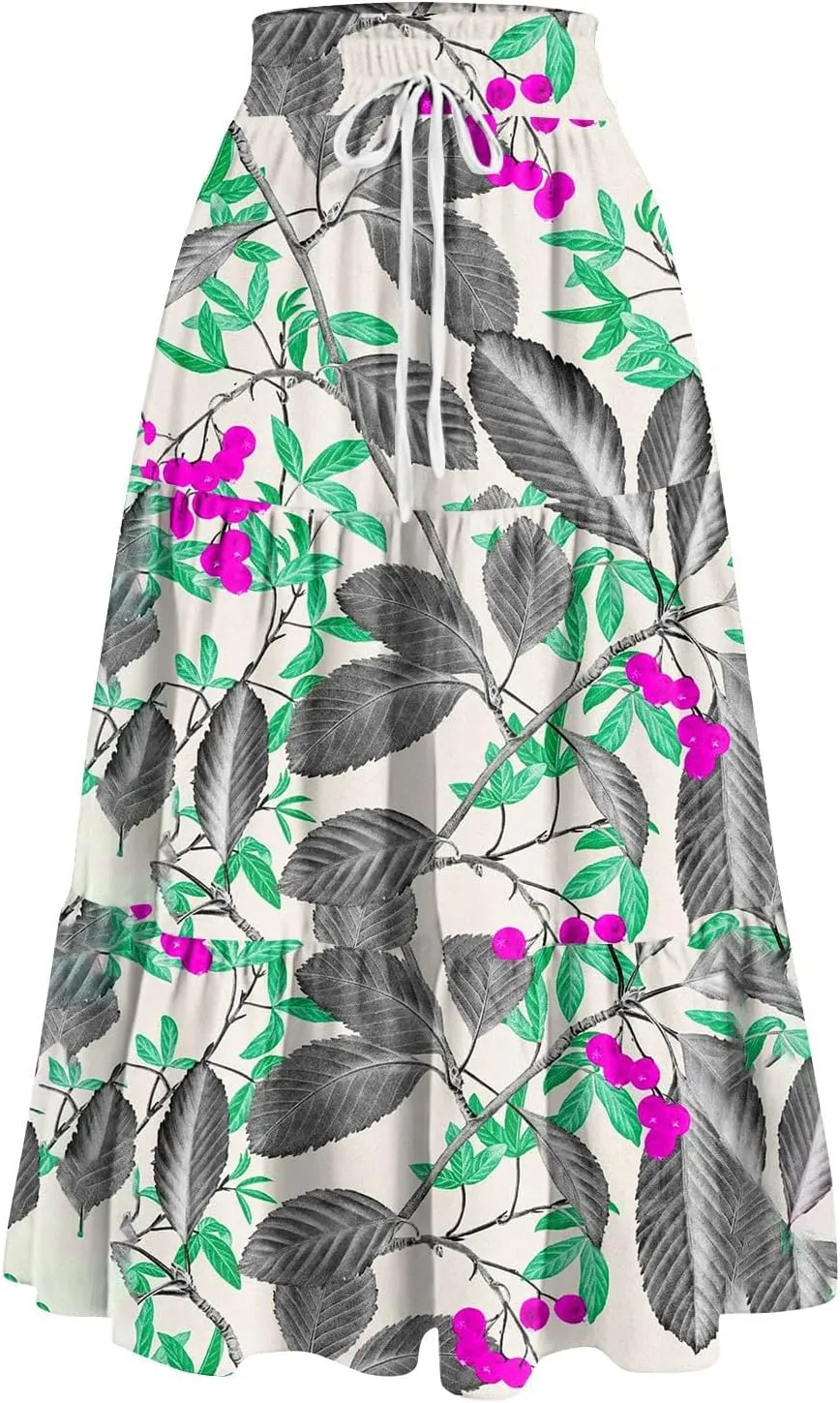 ADHOWBEW Boho Skirts for Women Flowy Trendy Beach Midi Length Plus Size Ruffle A Line Casual Cute High Waisted Spring Skirts