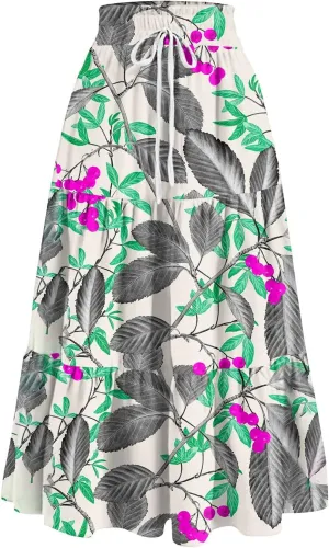 ADHOWBEW Boho Skirts for Women Flowy Trendy Beach Midi Length Plus Size Ruffle A Line Casual Cute High Waisted Spring Skirts
