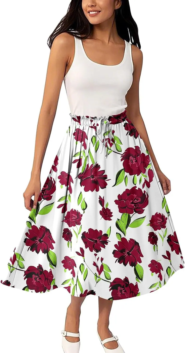 ADHOWBEW Maxi Skirts for Women Cute Casual Flowy Trendy Midi Length Ruffle High Waisted A Line Plus Size Beach Spring Skirts