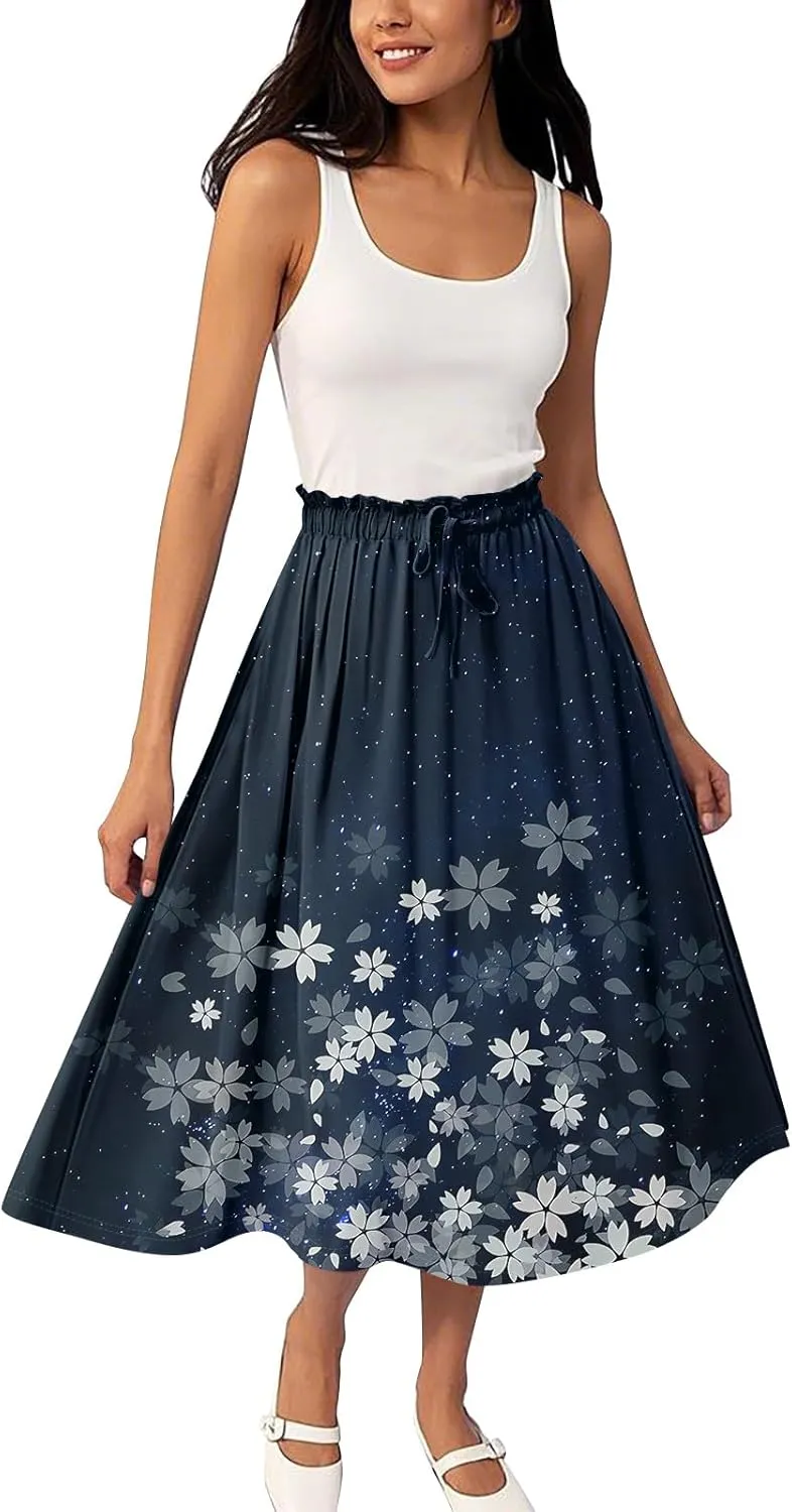 ADHOWBEW Midi Skirts for Women Plus Size High Waisted Beach Trendy Flowy Ruffle Midi Length Casual Cute A Line Summer Skirts