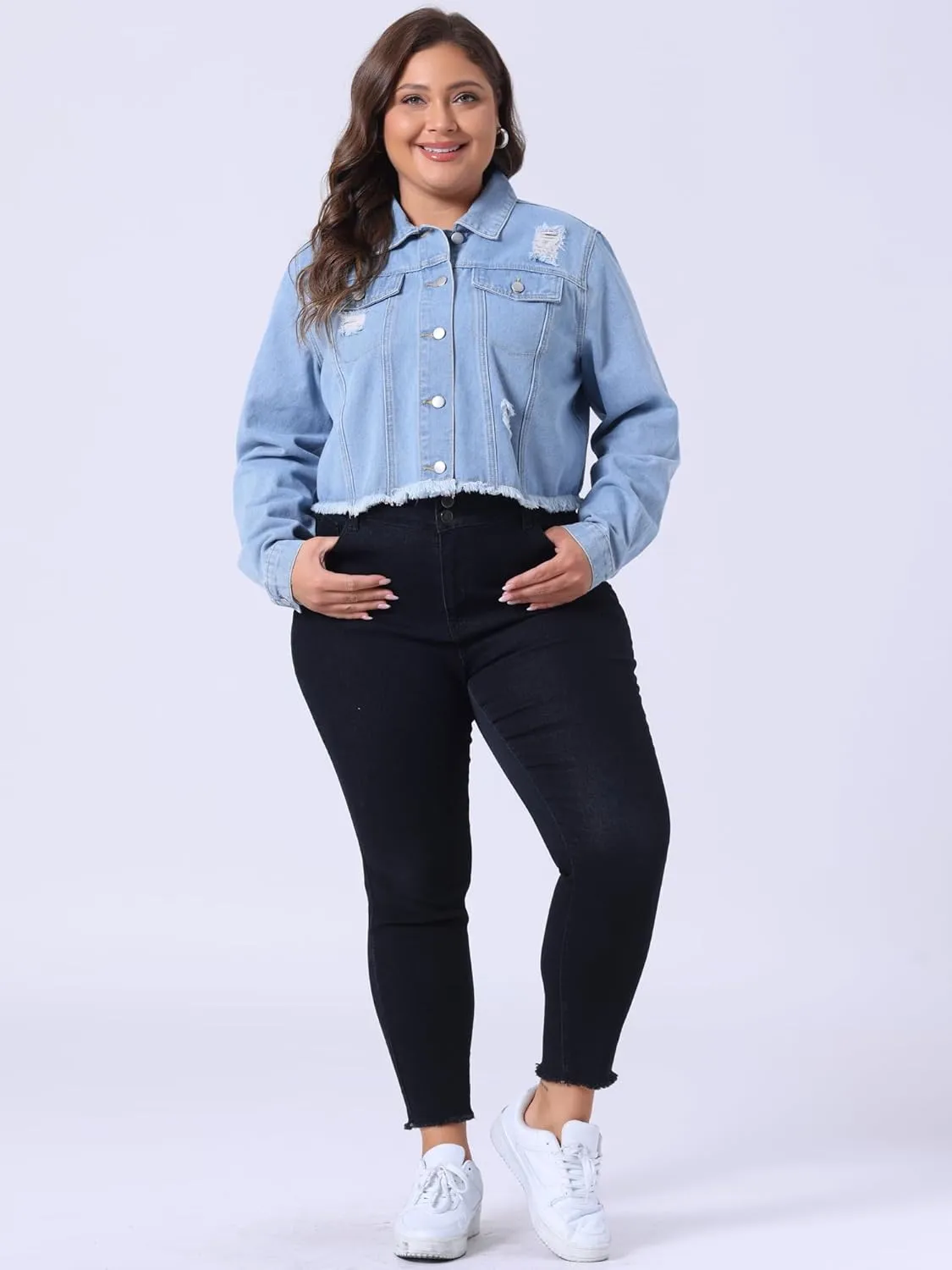 Agnes Orinda Women's Plus Size Denim Jackets Washed Button Front Long Sleeve Ripped Frayed Crop Denim Jacket
