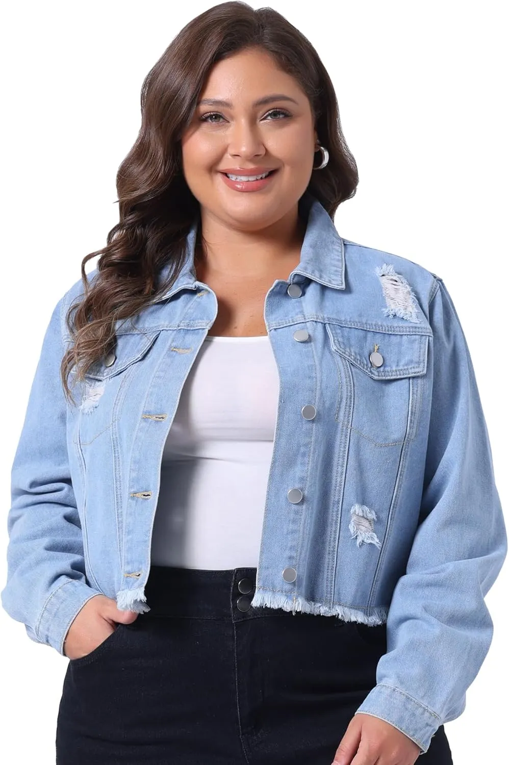 Agnes Orinda Women's Plus Size Denim Jackets Washed Button Front Long Sleeve Ripped Frayed Crop Denim Jacket