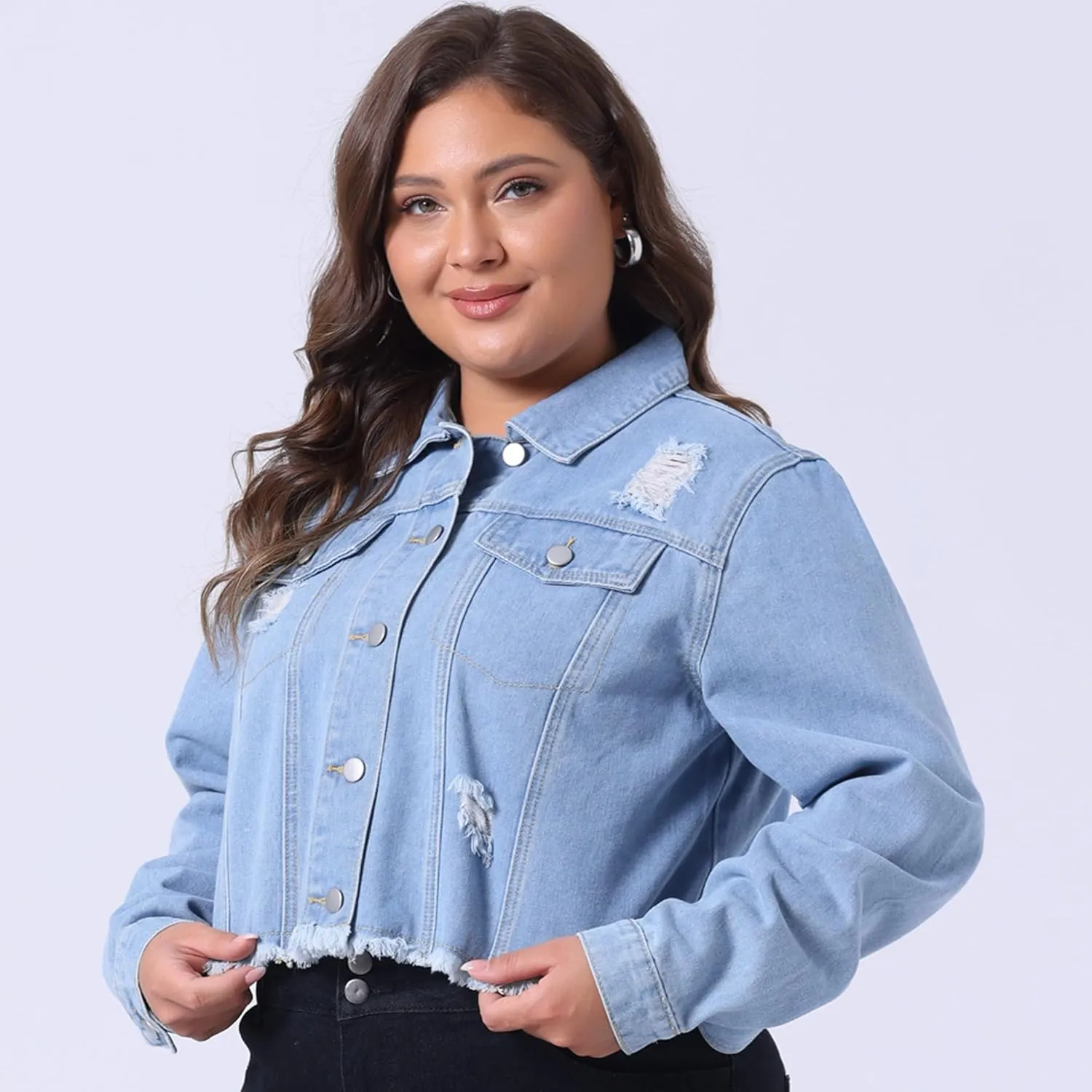 Agnes Orinda Women's Plus Size Denim Jackets Washed Button Front Long Sleeve Ripped Frayed Crop Denim Jacket