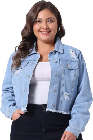 Agnes Orinda Women's Plus Size Denim Jackets Washed Button Front Long Sleeve Ripped Frayed Crop Denim Jacket