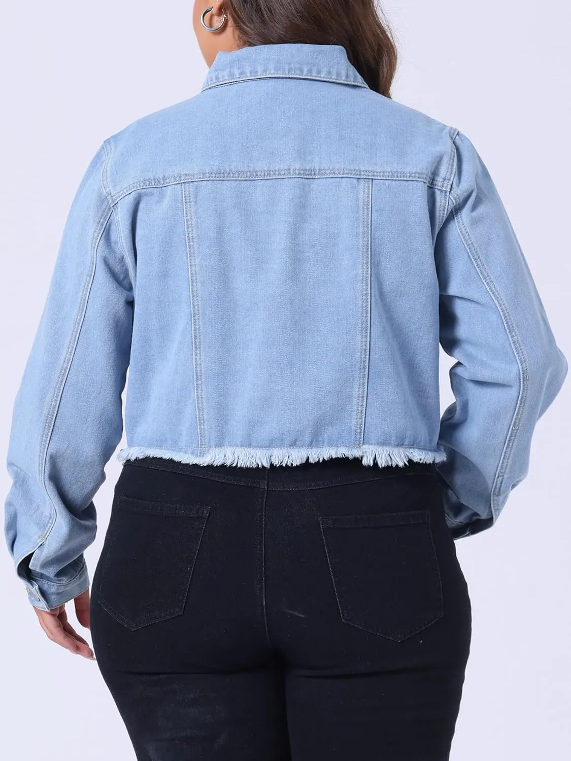 Agnes Orinda Women's Plus Size Denim Jackets Washed Button Front Long Sleeve Ripped Frayed Crop Denim Jacket