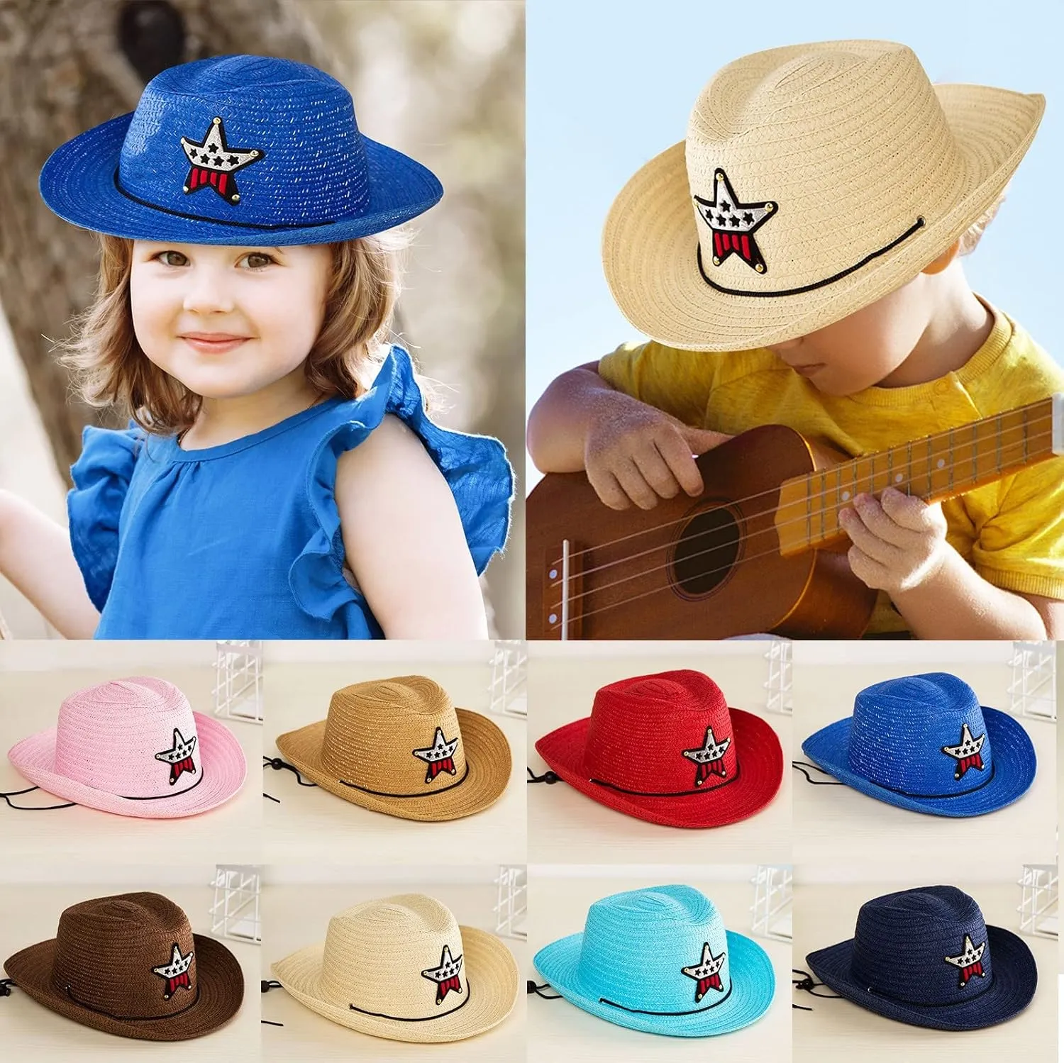 Baby Strawhat Sun Hat Summer Toddler Cowboy Hat UPF 50  Sun Protective Kids Beach Hats Adjustable Boy Girl Cap