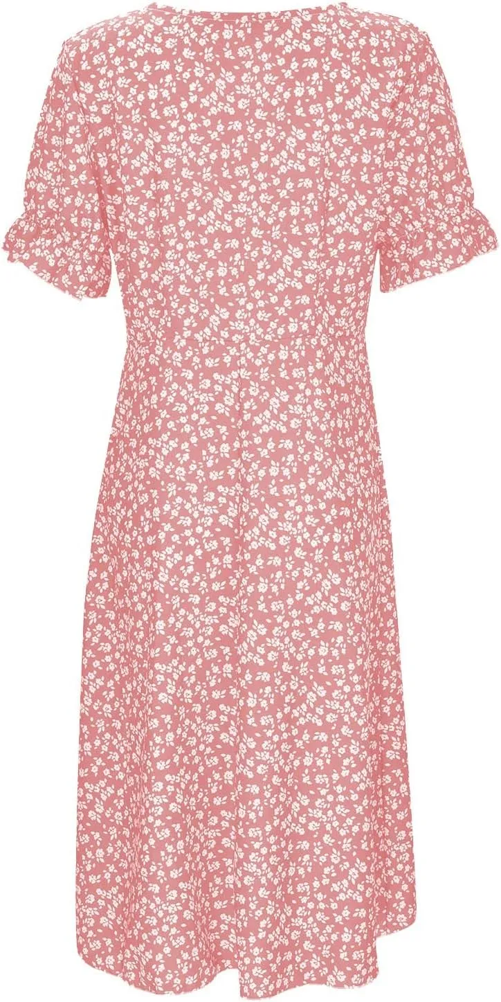 Beach Dresses for Women 2025 Spring Trendy Elegant Wrap V Neck Floral Boho Sundress High-Low Hem Flowy Midi Dress