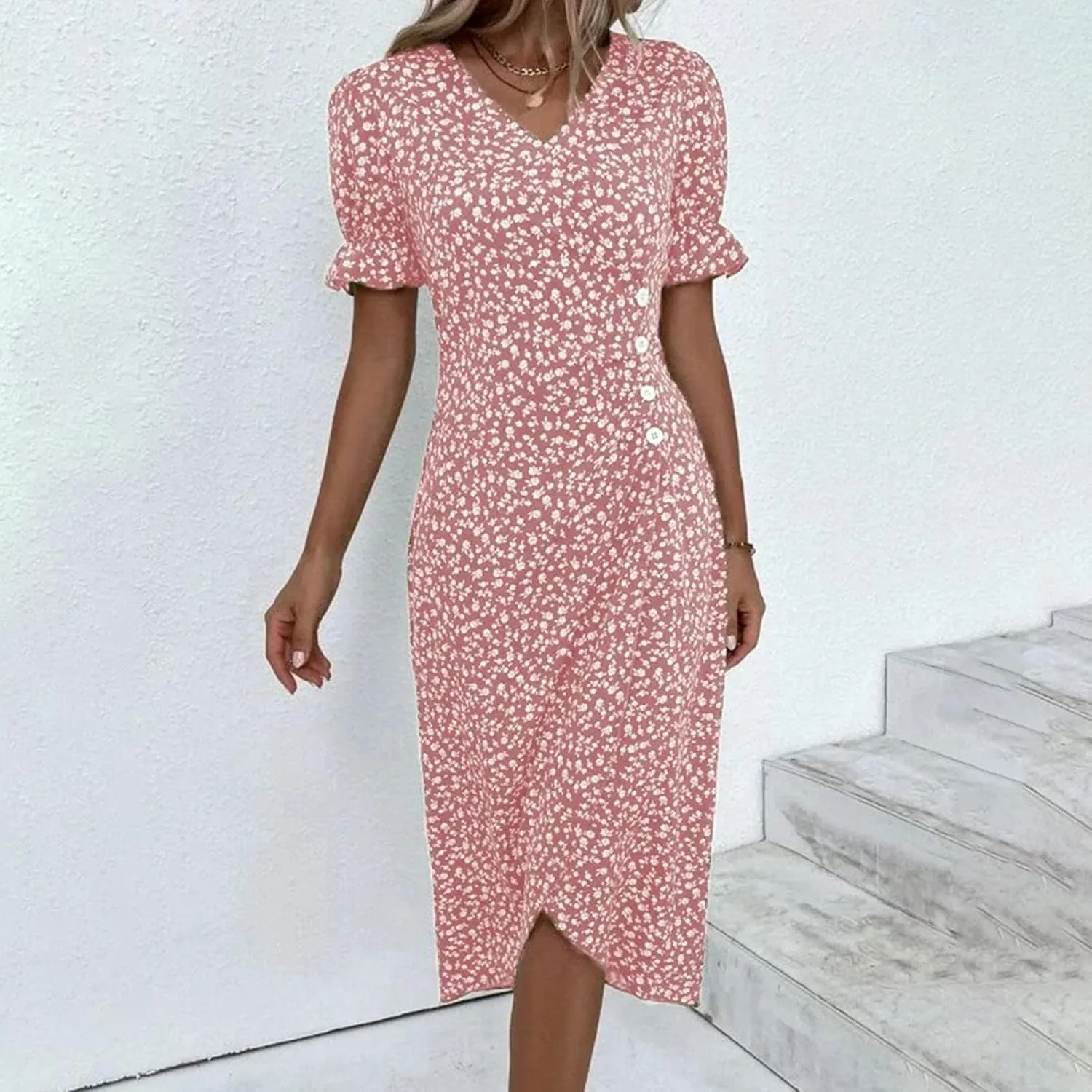 Beach Dresses for Women 2025 Spring Trendy Elegant Wrap V Neck Floral Boho Sundress High-Low Hem Flowy Midi Dress