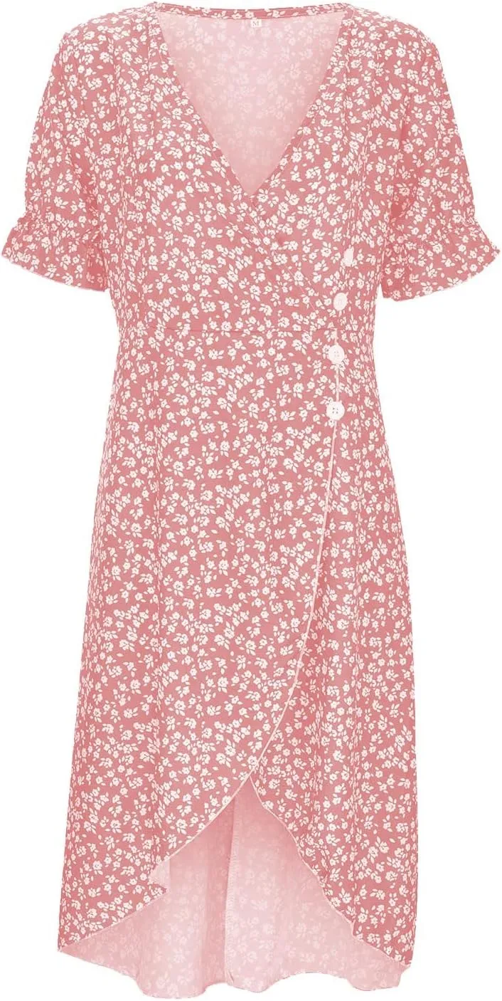 Beach Dresses for Women 2025 Spring Trendy Elegant Wrap V Neck Floral Boho Sundress High-Low Hem Flowy Midi Dress