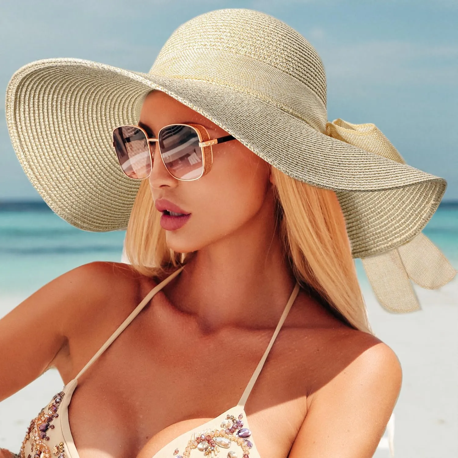 Beach Hats for Women, Straw Sun Hat with Wide Brim, Summer Floppy Beach Hats for Women, Packable Floppy Straw Garden Hat
