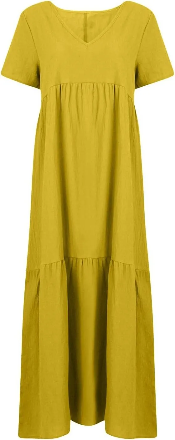 Beach Maxi Dress Cotton Linen Plus Size V Neck Boho Flowy Loose Length Long Dress Dresses for Women Wedding Guest
