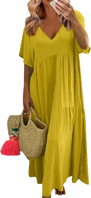 Beach Maxi Dress Cotton Linen Plus Size V Neck Boho Flowy Loose Length Long Dress Dresses for Women Wedding Guest