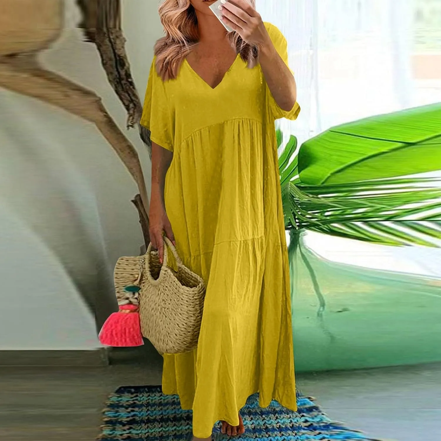 Beach Maxi Dress Cotton Linen Plus Size V Neck Boho Flowy Loose Length Long Dress Dresses for Women Wedding Guest