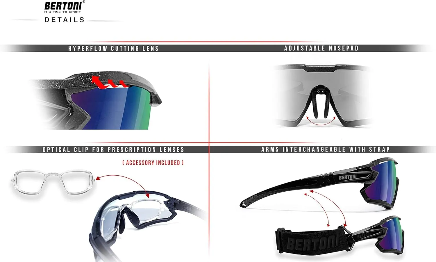 Bertoni Sport Sunglasses Polarized Photochromic Cycling MTB w. Prescription Carrier QUASAR