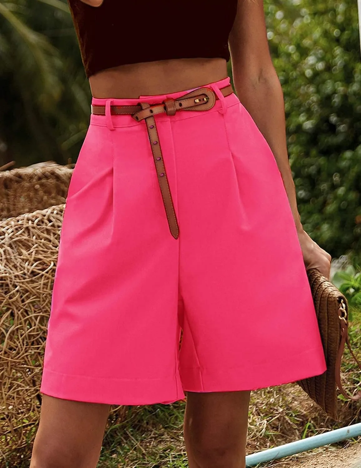 Beyove Shorts for Women Bermuda Shorts Casual Elastic High Waisted Wide Leg Shorts Knee Length Summer Shorts with Pockets