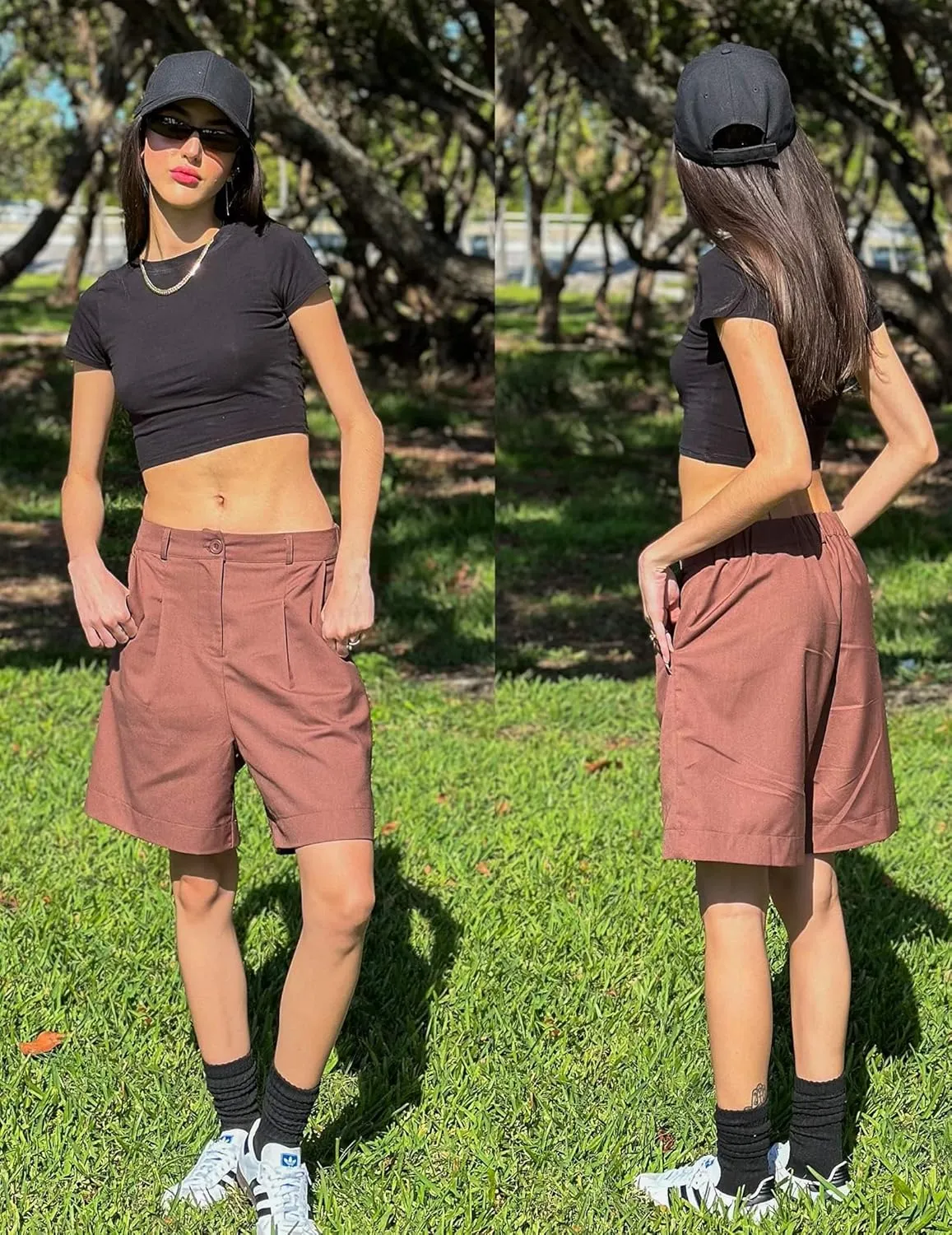 Beyove Shorts for Women Bermuda Shorts Casual Elastic High Waisted Wide Leg Shorts Knee Length Summer Shorts with Pockets