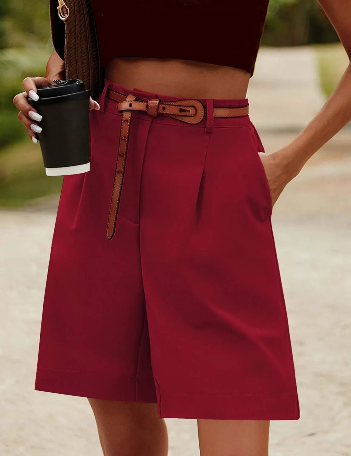 Beyove Shorts for Women Bermuda Shorts Casual Elastic High Waisted Wide Leg Shorts Knee Length Summer Shorts with Pockets