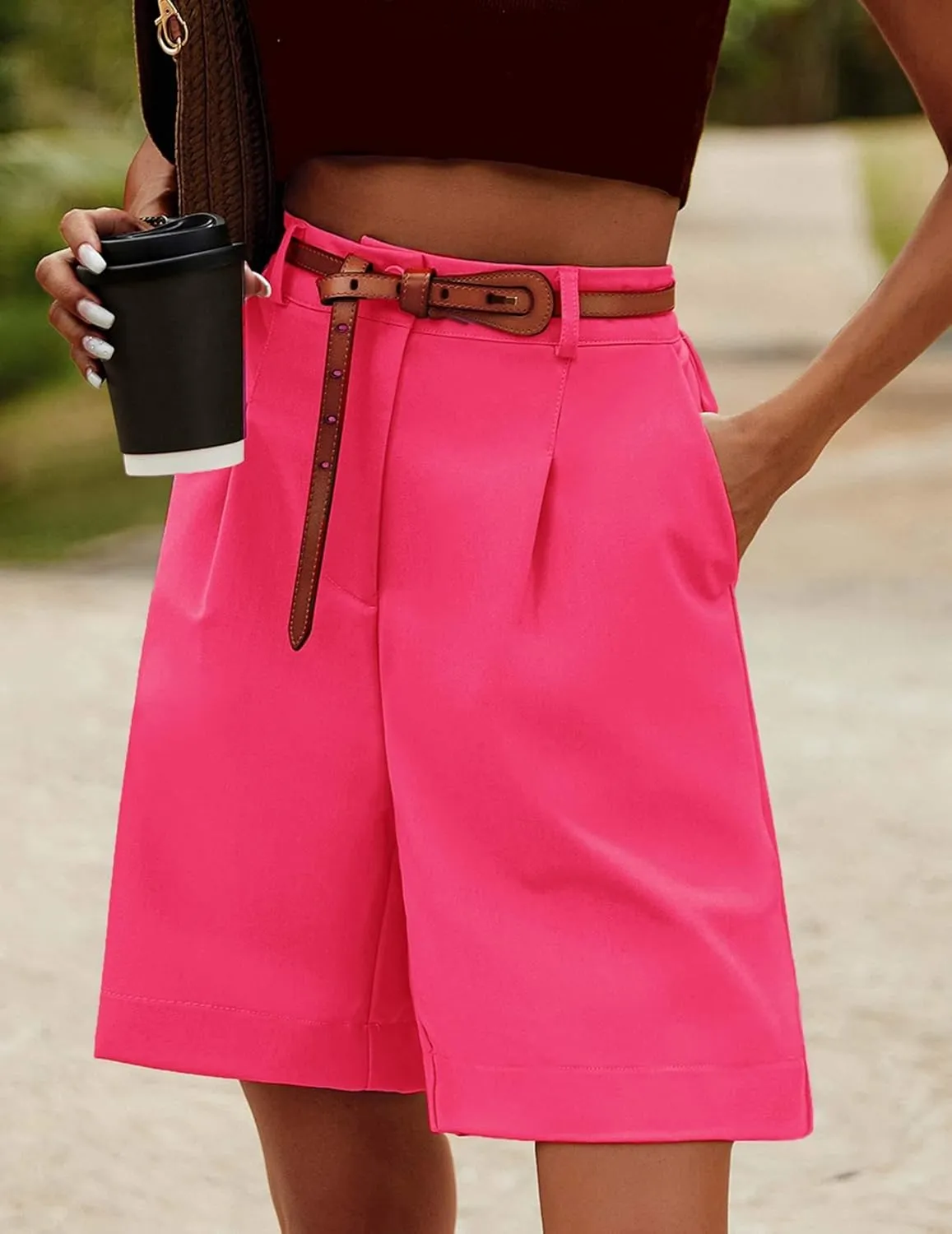 Beyove Shorts for Women Bermuda Shorts Casual Elastic High Waisted Wide Leg Shorts Knee Length Summer Shorts with Pockets