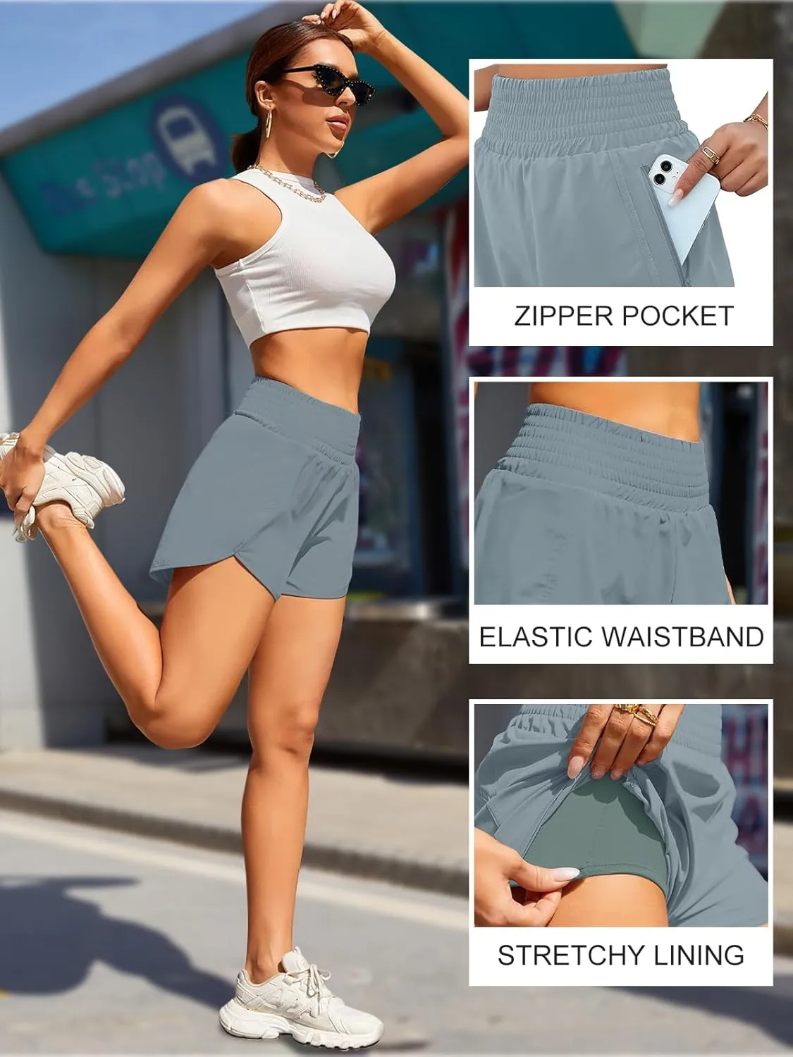 BMJL Women's Athletic Shorts High Waisted Running Shorts Pocket Sporty Short Gym Elastic Workout Shorts