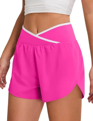 BMJL Women's Athletic Shorts Workout Running Shorts Crossover High Waisted Quick Dry Gym Shorts with Zipper Pocket(L,Hot Pink)