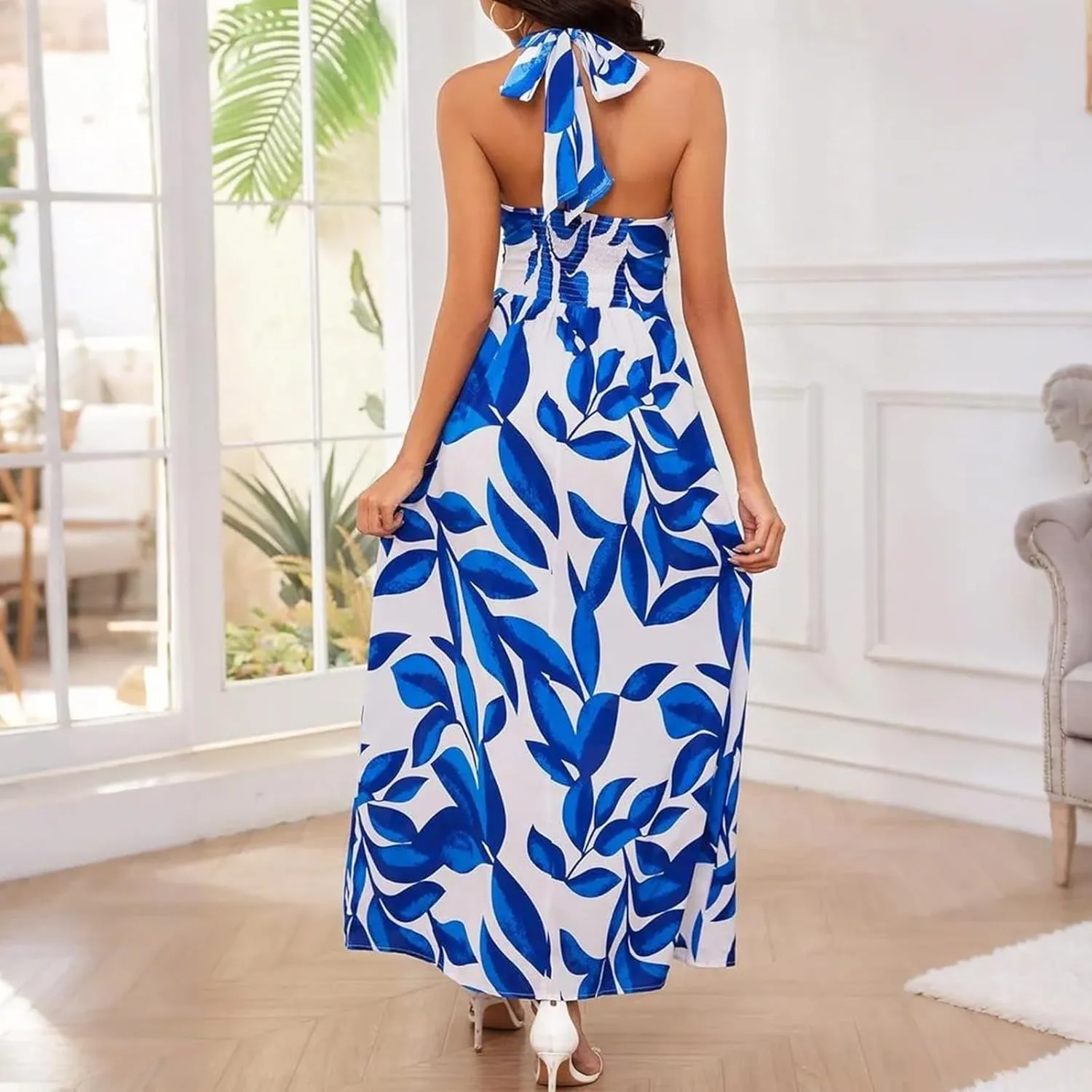 Boho Dresses for Women 2025 Trendy Summer Halter Maxi Dress Casual Loose Long Floral Dress Beach Vacation Dresses