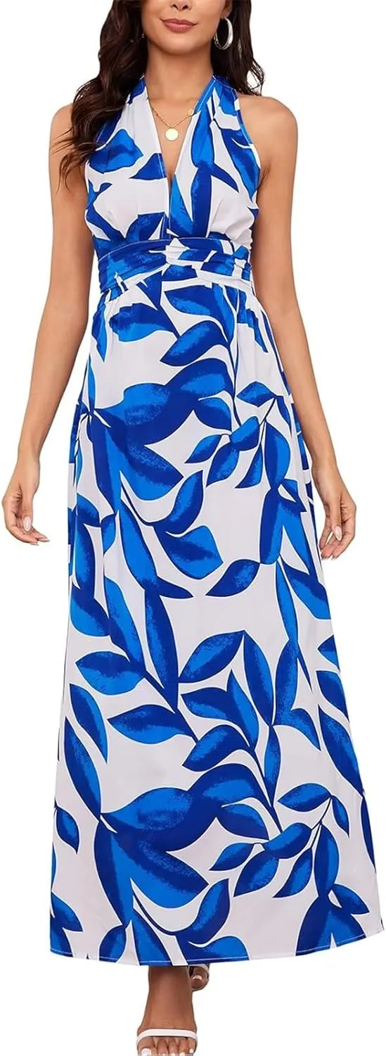 Boho Dresses for Women 2025 Trendy Summer Halter Maxi Dress Casual Loose Long Floral Dress Beach Vacation Dresses