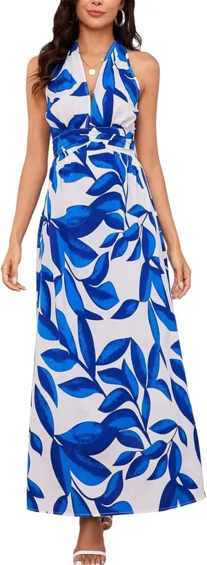 Boho Dresses for Women 2025 Trendy Summer Halter Maxi Dress Casual Loose Long Floral Dress Beach Vacation Dresses