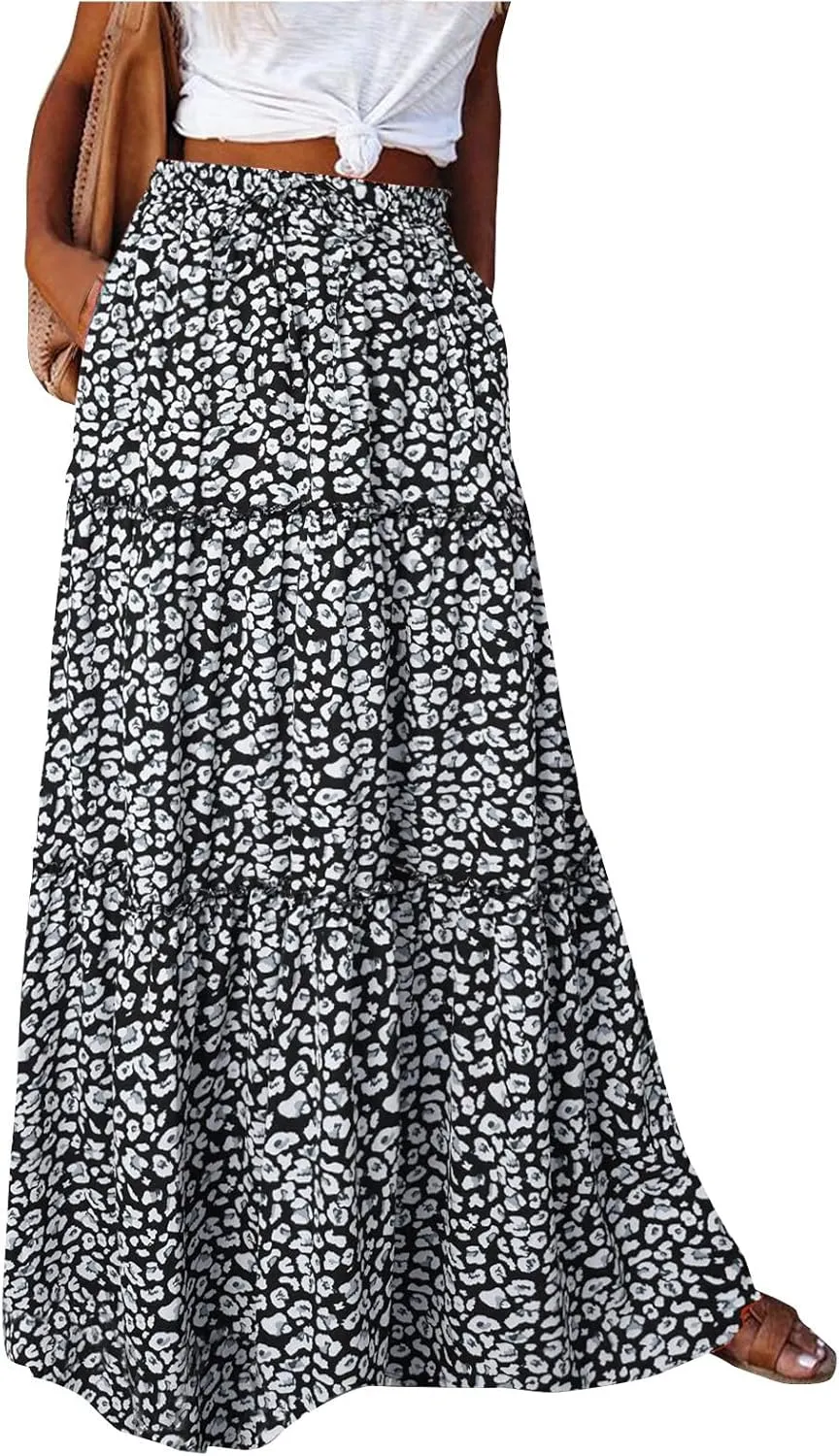 Boho Floral Skirt for Women High Waist A Line Flowy Tiered Skirts Summer Pleated Ruffle Long Maxi Skirt with Pockets