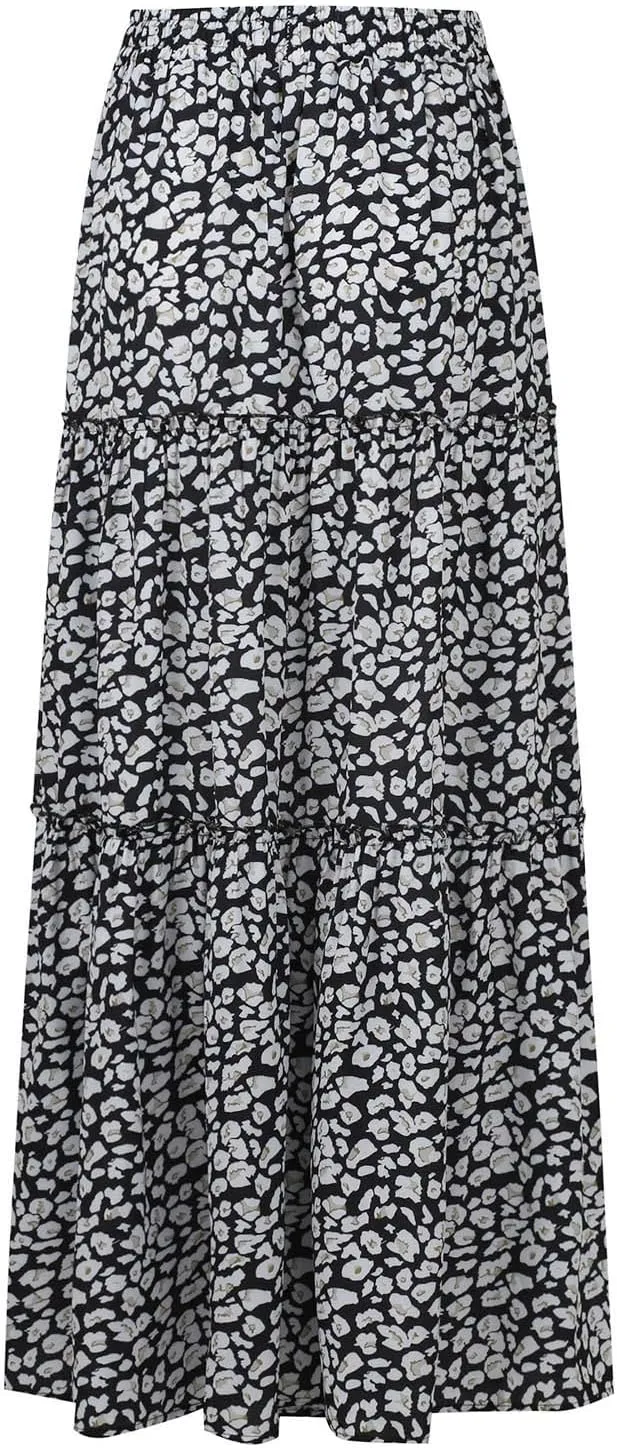 Boho Floral Skirt for Women High Waist A Line Flowy Tiered Skirts Summer Pleated Ruffle Long Maxi Skirt with Pockets