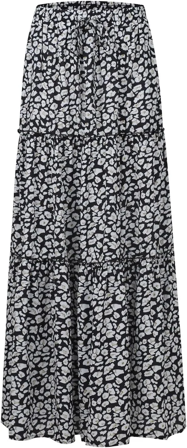 Boho Floral Skirt for Women High Waist A Line Flowy Tiered Skirts Summer Pleated Ruffle Long Maxi Skirt with Pockets